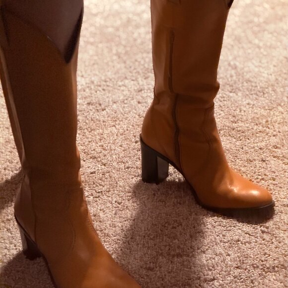 Camel colored Leather high heeled boots. - Picture 1 of 2
